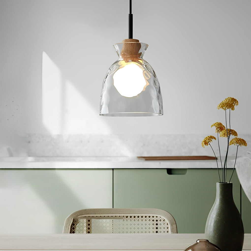 Japanese Style Round Glass and Wood Pendant Light Minimalist Small Chandelier Ceiling Lamp