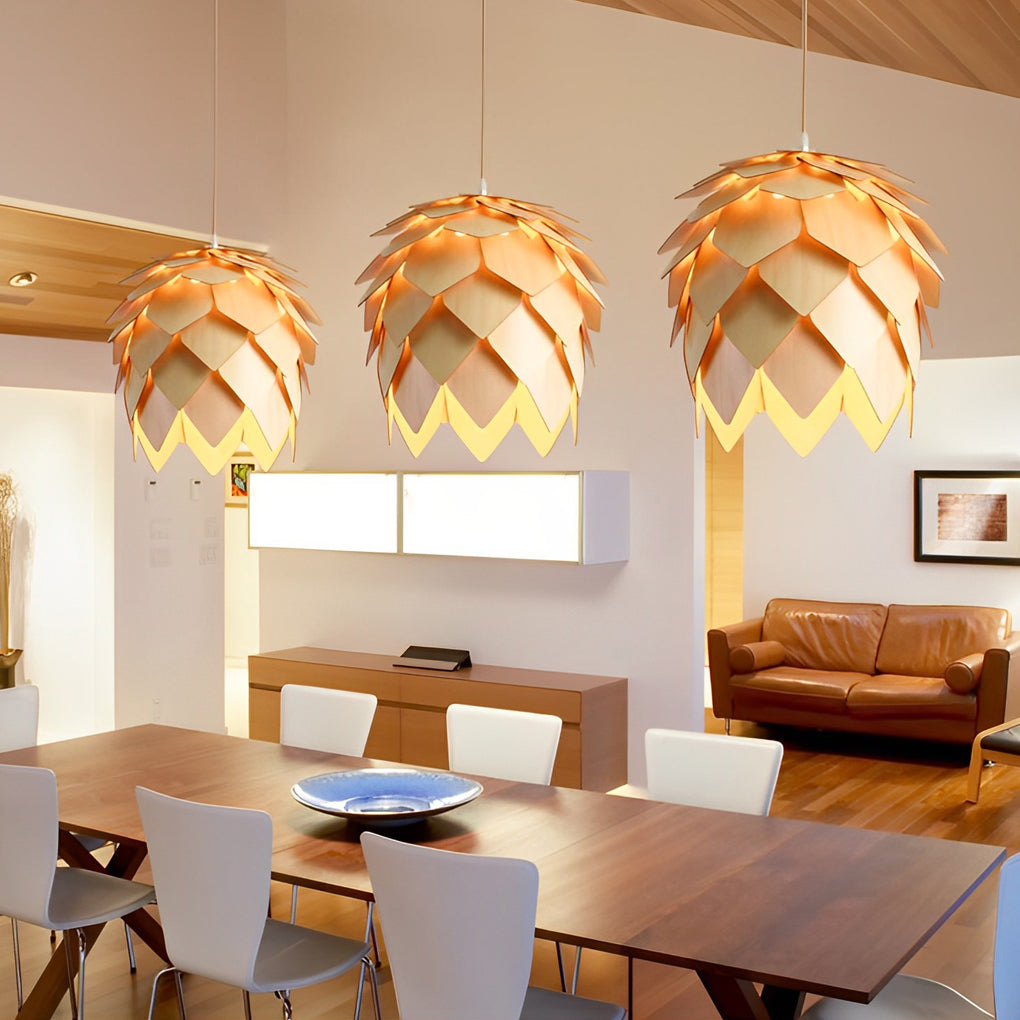 Japanese Style Wooden Pine Cone LED Chandelier Rustic Modern Hanging Pendant Light Fixture