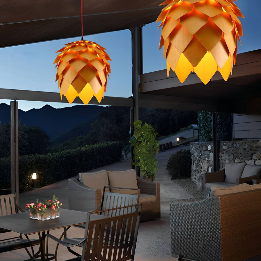Japanese Style Wooden Pine Cone LED Chandelier Rustic Modern Hanging Pendant Light Fixture