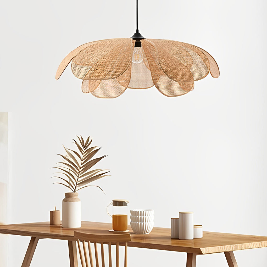 Japanese Style Woven Rattan Flower Petal Chandelier Three Color Dimming LED Pendant Lamp