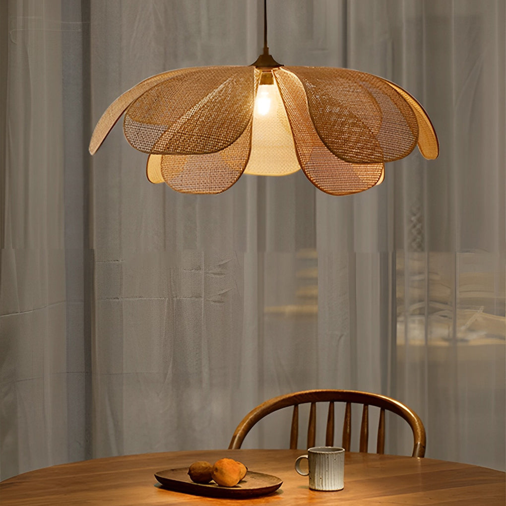 Japanese Style Woven Rattan Flower Petal Chandelier Three Color Dimming LED Pendant Lamp