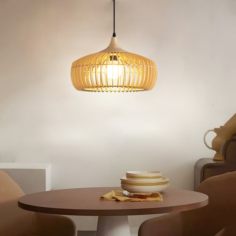Japanese Zen Wood Cage Pendant Light for Modern Dining Room and Kitchen Island
