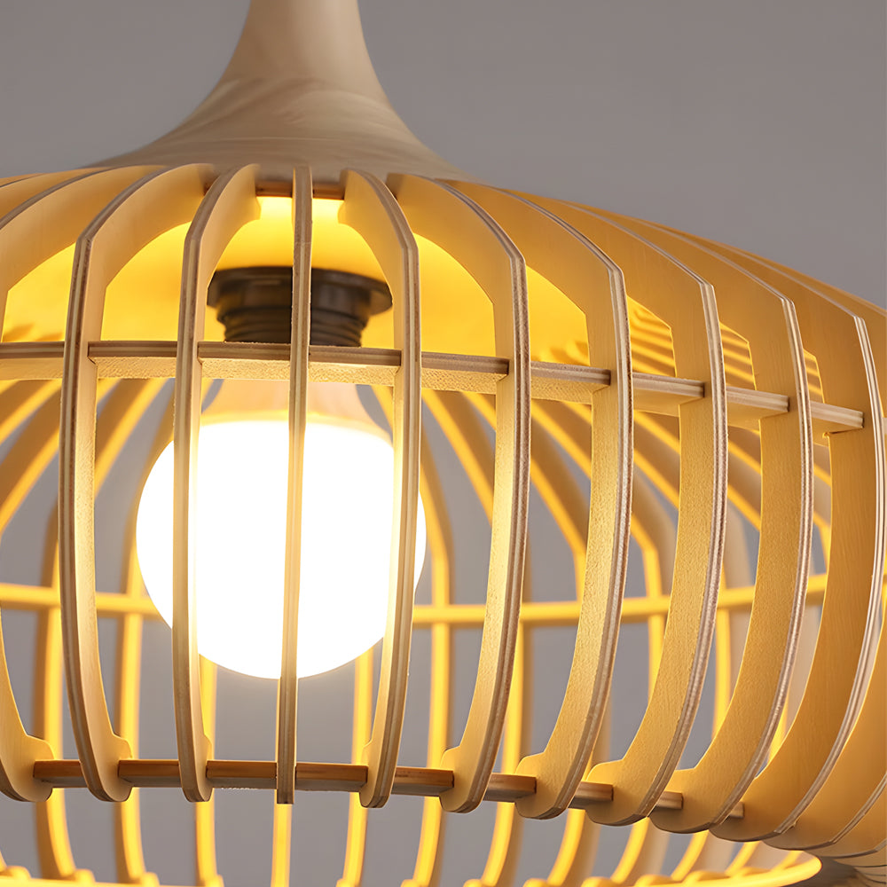 Japanese Zen Wood Cage Pendant Light for Modern Dining Room and Kitchen Island