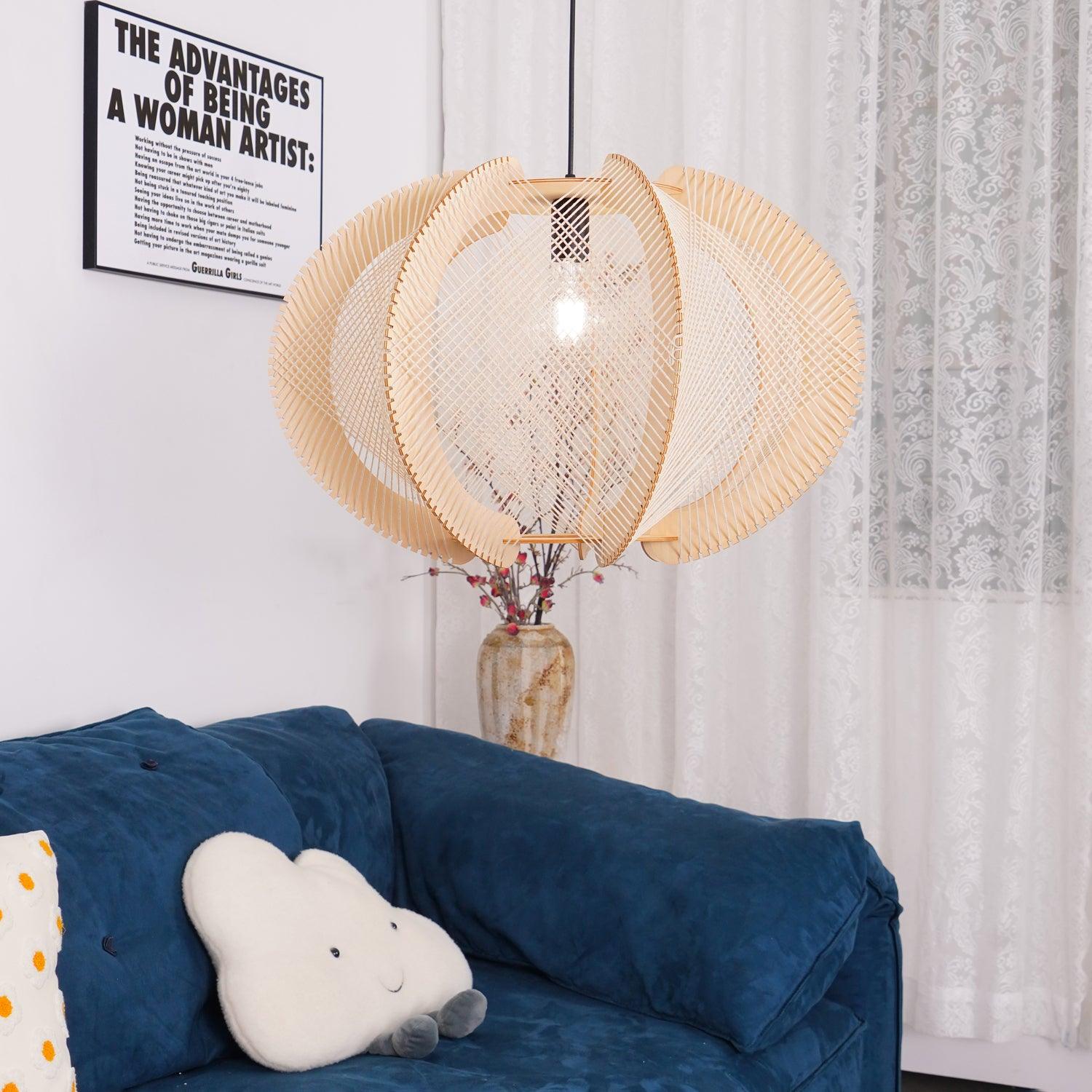 Java Natural Wood Geometric Pendant Lamp Handcrafted Ceiling Light Fixture for Indoor Home Decor
