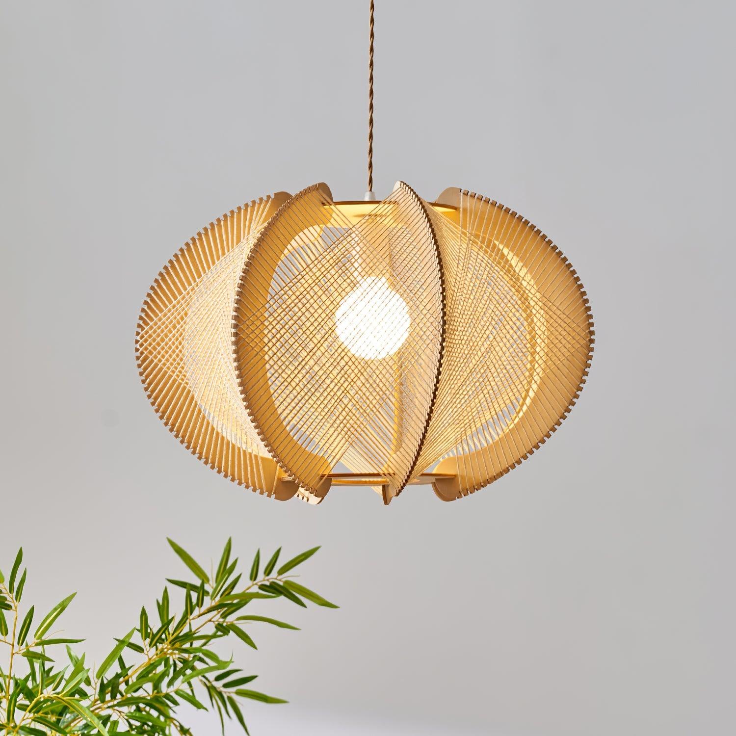 Java Natural Wood Geometric Pendant Lamp Handcrafted Ceiling Light Fixture for Indoor Home Decor