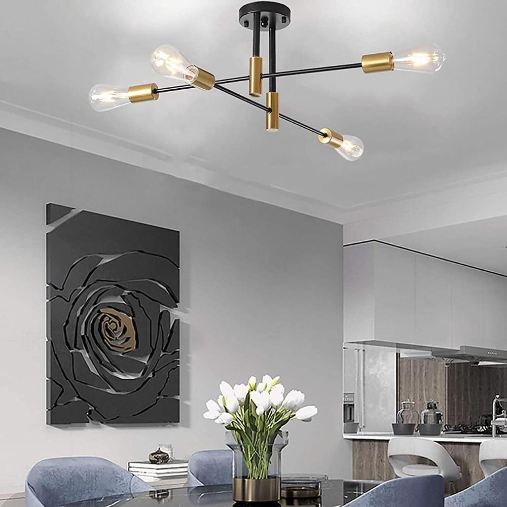 Modern 4 Light Semi Flush Mount Ceiling Light with Adjustable Arms in Black and Gold Brass