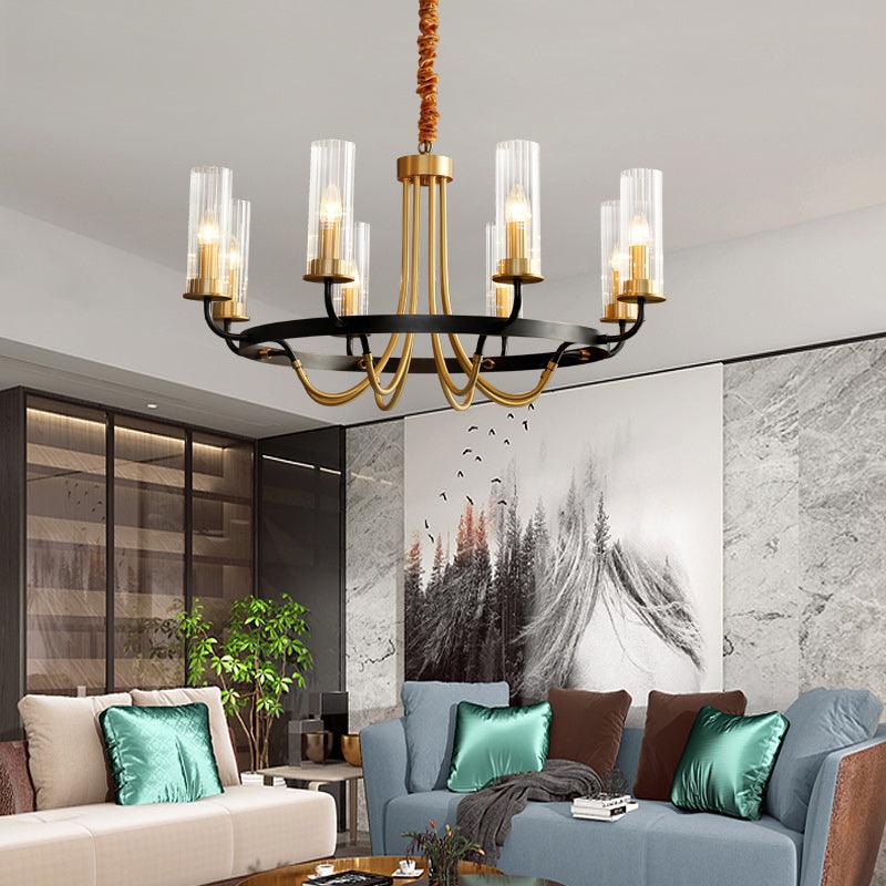 Kearney Vintage Brass Chandelier with Cylindrical Glass Shades for Living Room