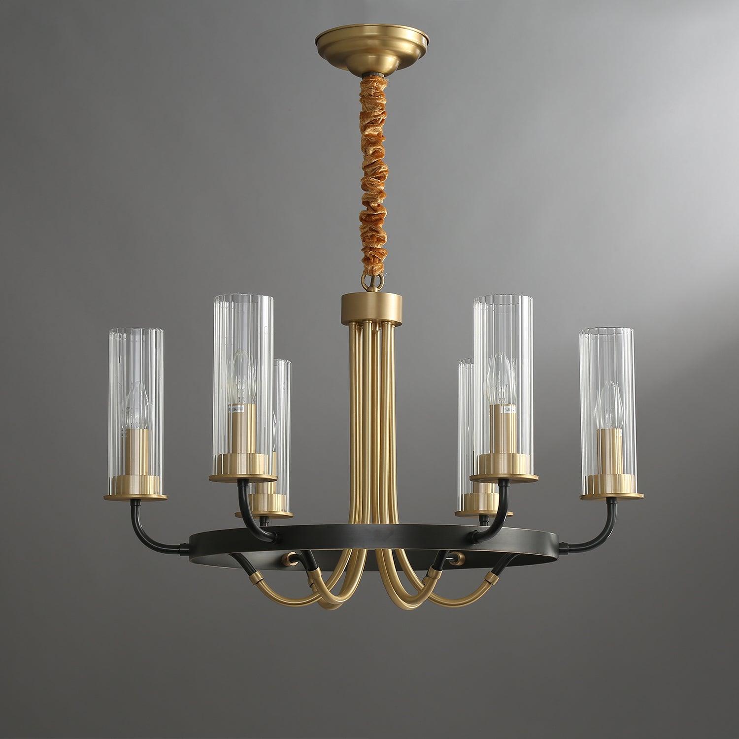 Kearney Vintage Brass Chandelier with Cylindrical Glass Shades for Living Room