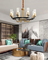 Kearney Vintage Brass Chandelier with Cylindrical Glass Shades for Living Room