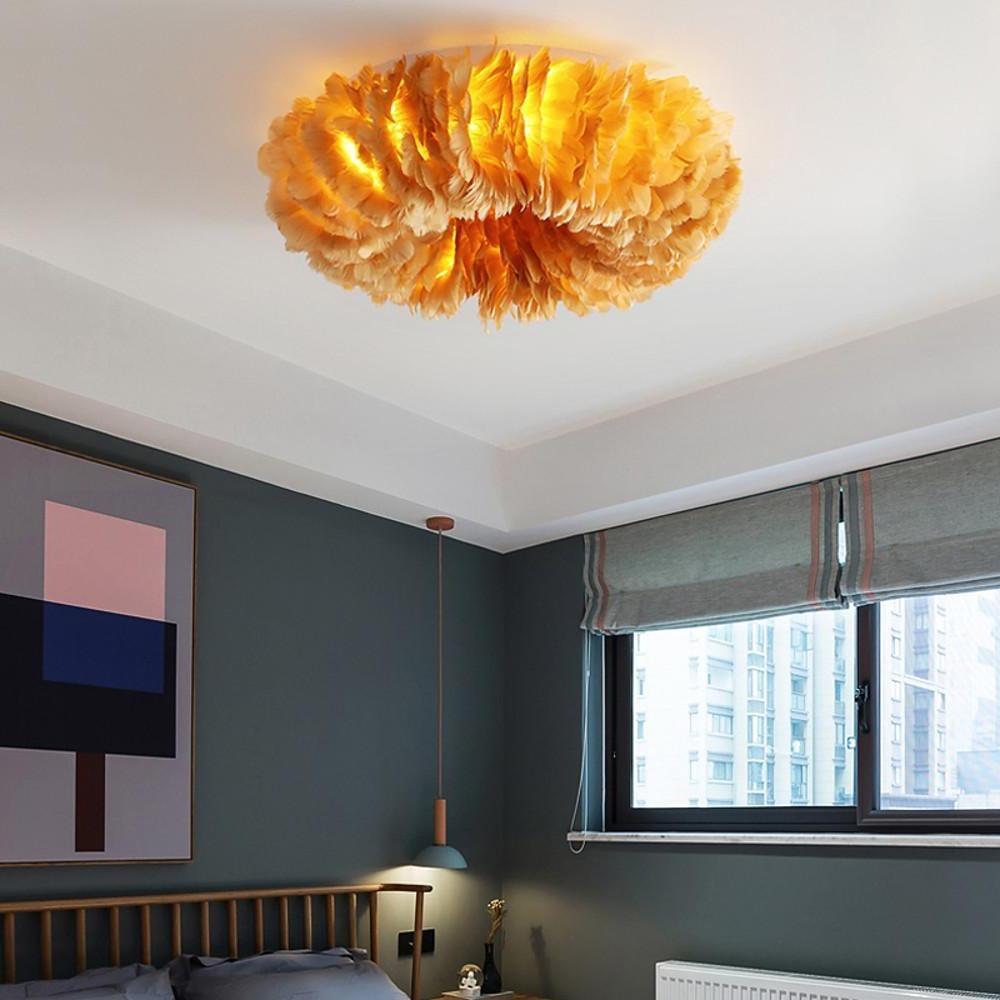 Modern Round Feather LED Flush Mount Ceiling Light for Bedroom and Nursery
