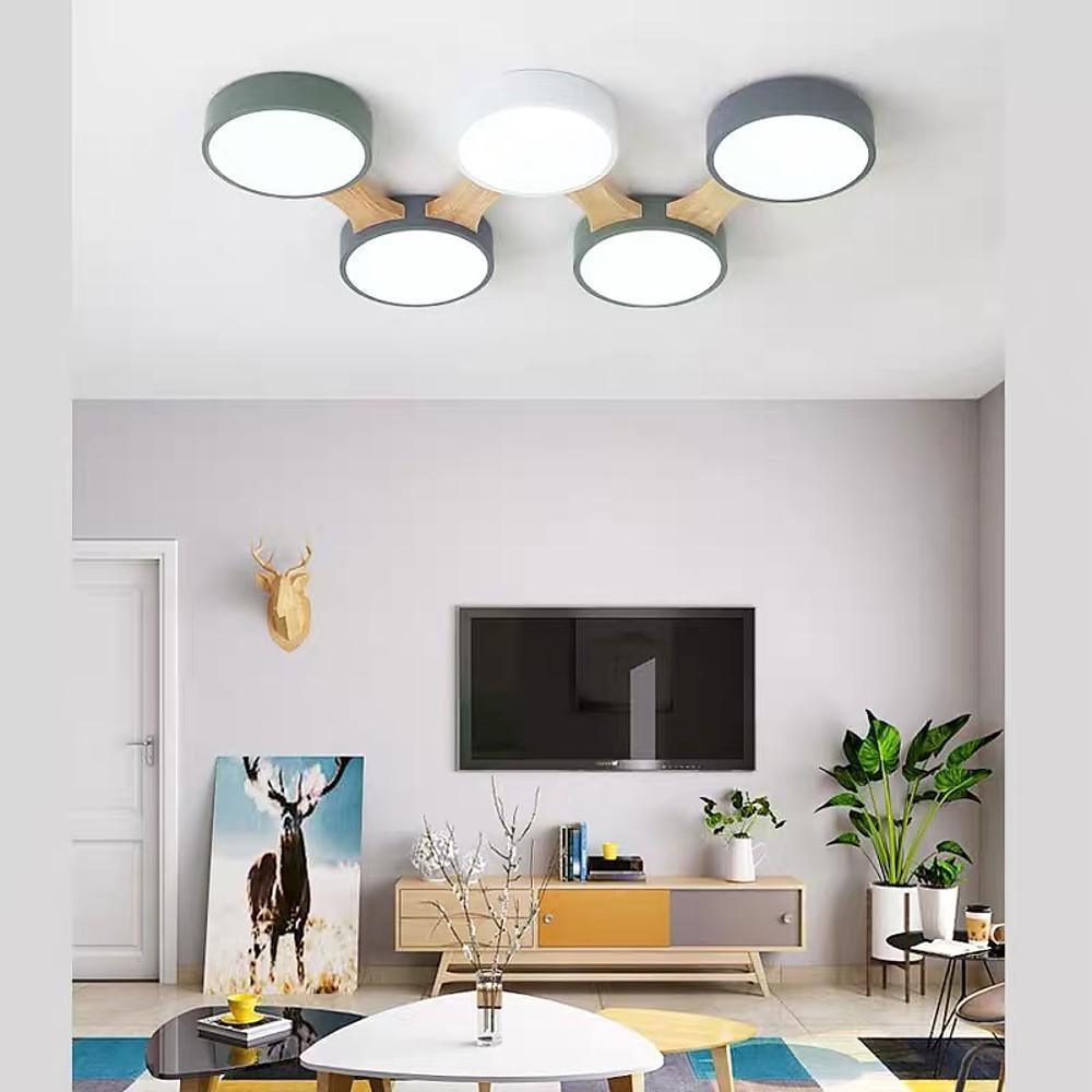 Modern Geometric Wood LED Flush Mount Ceiling Light with Dimmable Circular 5 Light Design