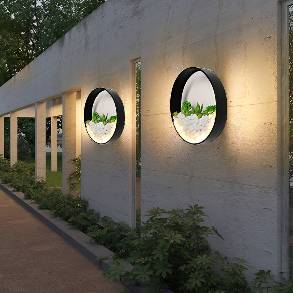 Landscape Decorative Round LED Outdoor Wall Sconce with Artificial Plants and Stones 18W