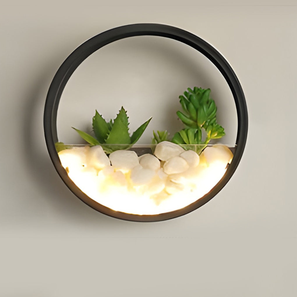 Landscape Decorative Round LED Outdoor Wall Sconce with Artificial Plants and Stones 18W