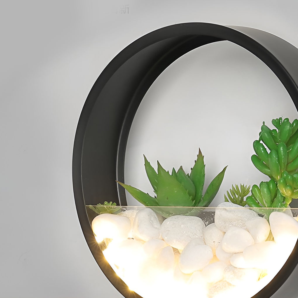Landscape Decorative Round LED Outdoor Wall Sconce with Artificial Plants and Stones 18W