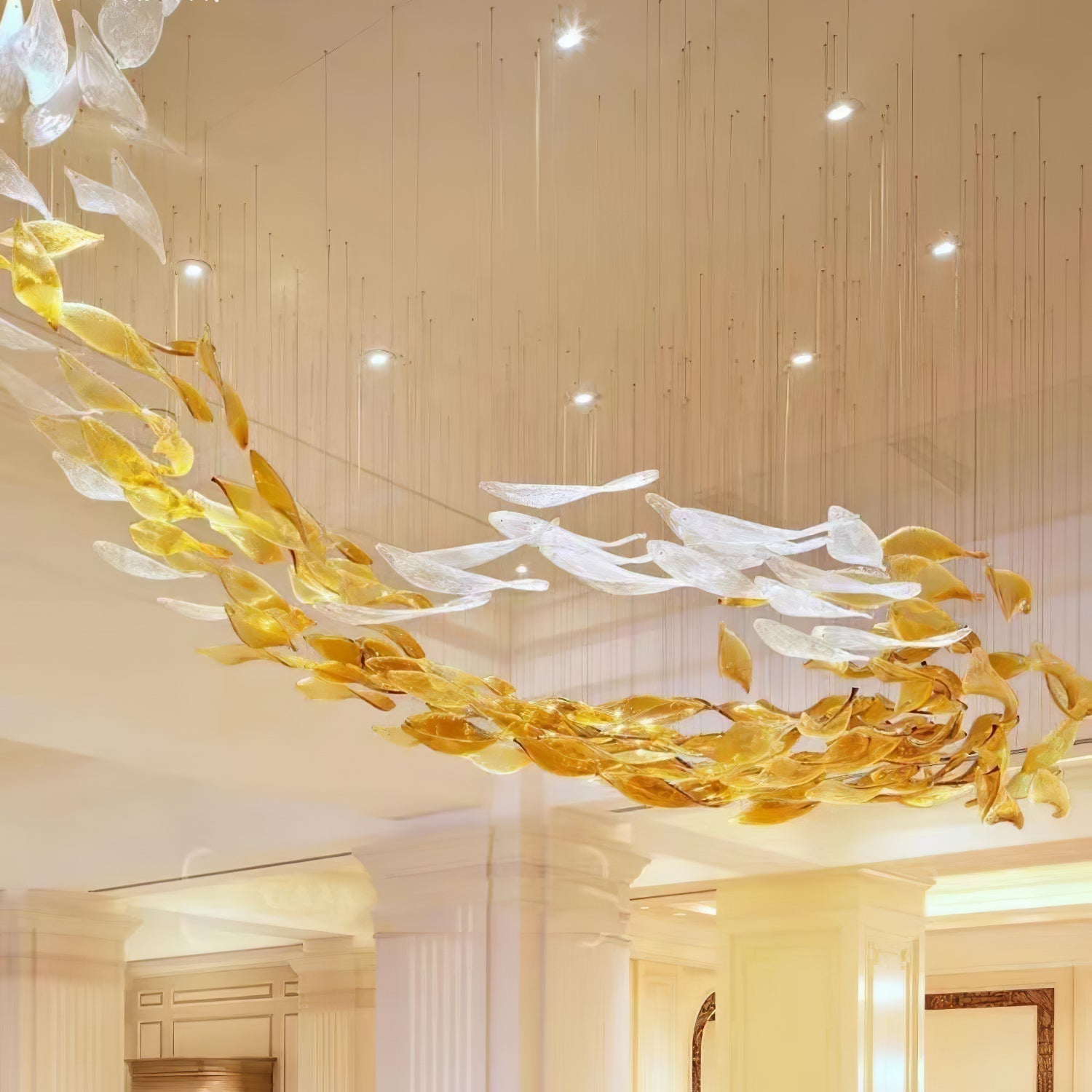 Large Brushed Gold Leaf Pendant Chandelier Modern Integrated LED Ceiling Light