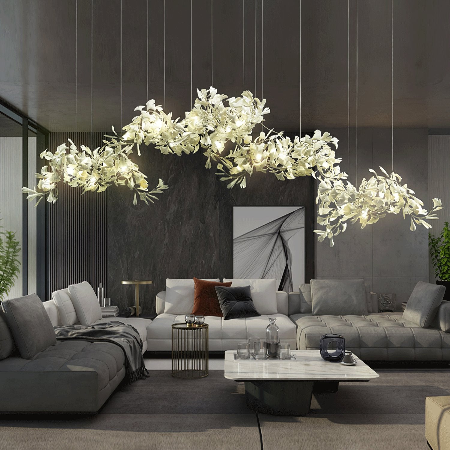 Large Ceramic Gingko Leaf Chandelier Modern Porcelain Petal Pendant Light for Grand Spaces