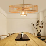 Large Farmhouse Burlywood Bamboo Drum Pendant Light Woven Ceiling Hanging Lamp