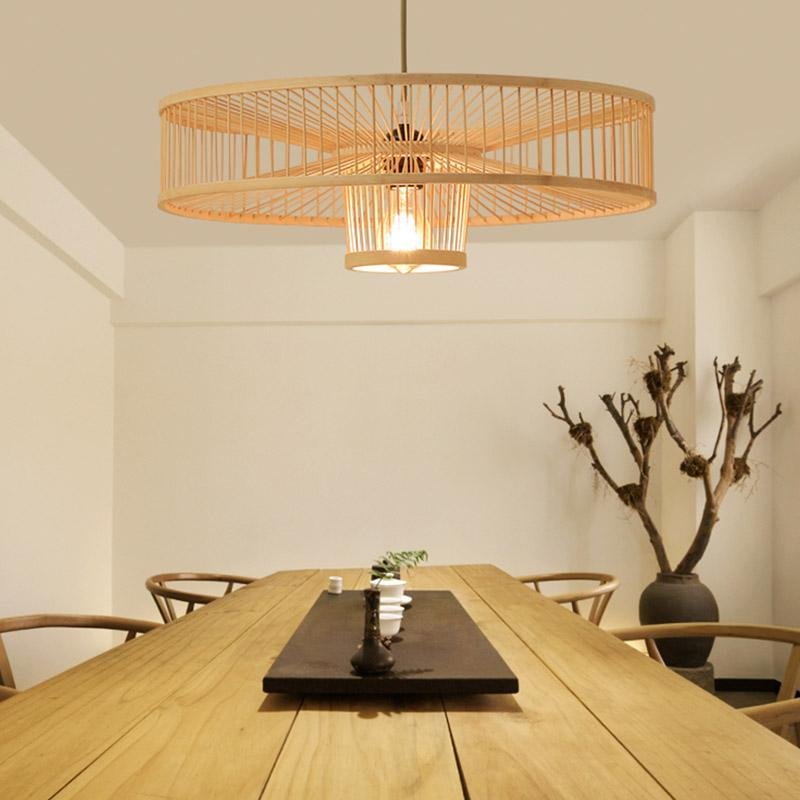 Large Farmhouse Burlywood Bamboo Drum Pendant Light Woven Ceiling Hanging Lamp