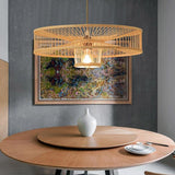 Large Farmhouse Burlywood Bamboo Drum Pendant Light Woven Ceiling Hanging Lamp