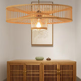 Large Farmhouse Burlywood Bamboo Drum Pendant Light Woven Ceiling Hanging Lamp