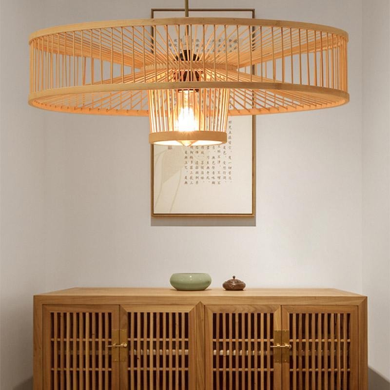 Large Farmhouse Burlywood Bamboo Drum Pendant Light Woven Ceiling Hanging Lamp