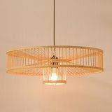 Large Farmhouse Burlywood Bamboo Drum Pendant Light Woven Ceiling Hanging Lamp