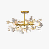 Large Modern Ginkgo Leaf Chandelier with Gold Finish and White Porcelain Ceramic Leaves