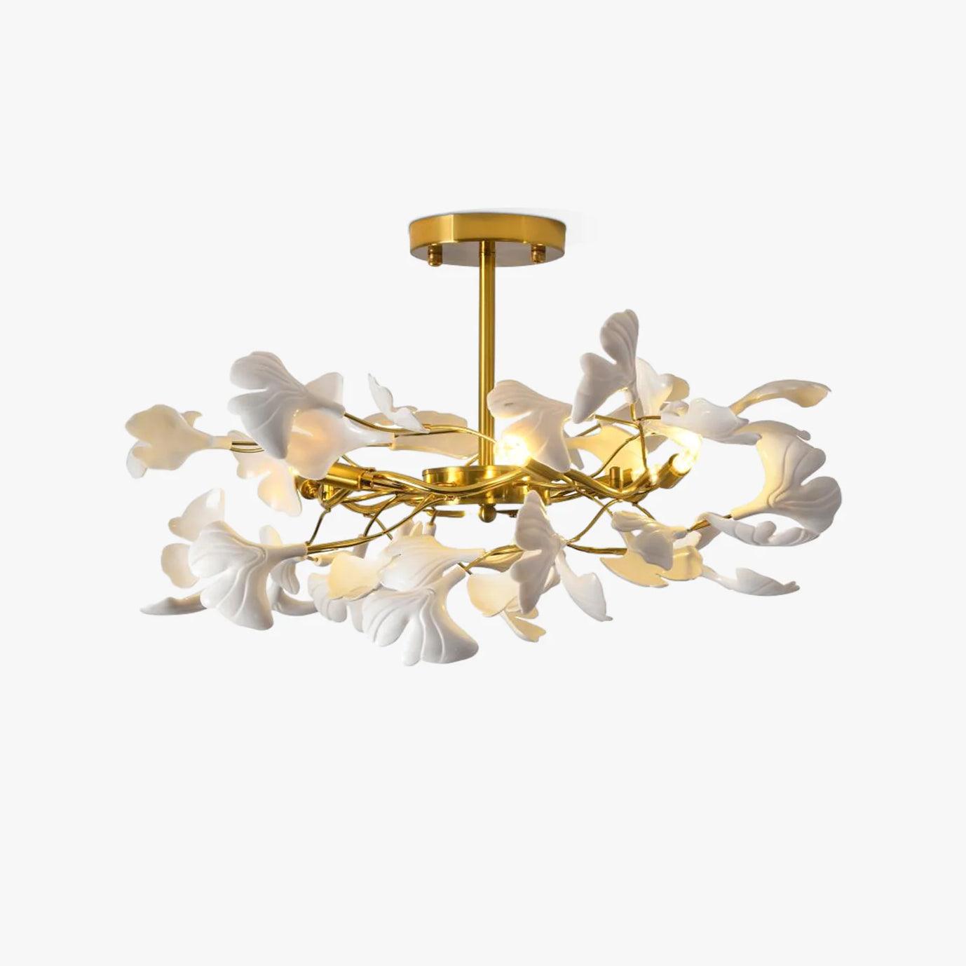 Large Modern Ginkgo Leaf Chandelier with Gold Finish and White Porcelain Ceramic Leaves