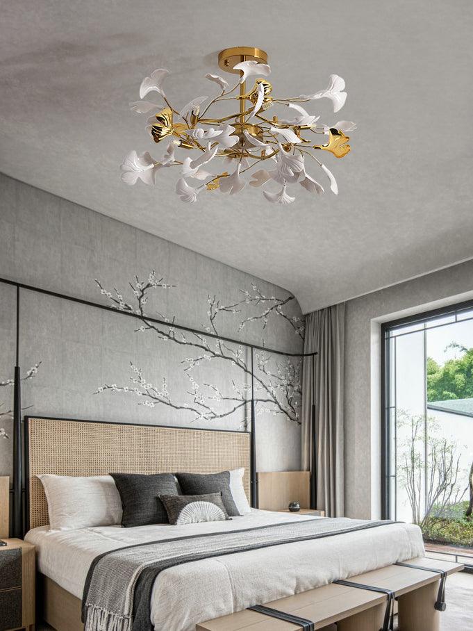 Large Modern Ginkgo Leaf Chandelier with Gold Finish and White Porcelain Ceramic Leaves