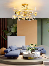 Large Modern Ginkgo Leaf Chandelier with Gold Finish and White Porcelain Ceramic Leaves