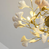 Large Modern Ginkgo Leaf Chandelier with Gold Finish and White Porcelain Ceramic Leaves