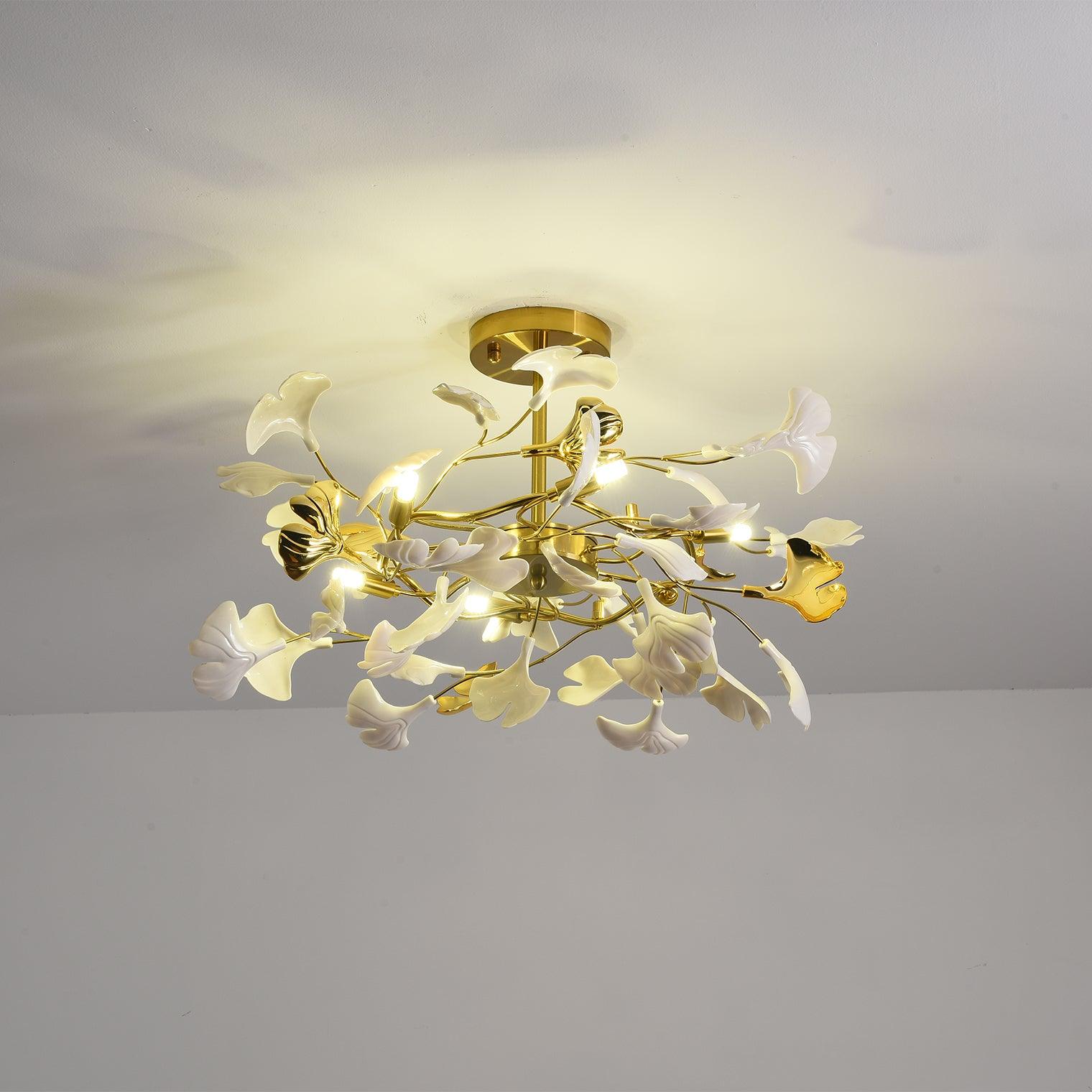 Large Modern Ginkgo Leaf Chandelier with Gold Finish and White Porcelain Ceramic Leaves
