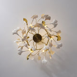 Large Modern Ginkgo Leaf Chandelier with Gold Finish and White Porcelain Ceramic Leaves