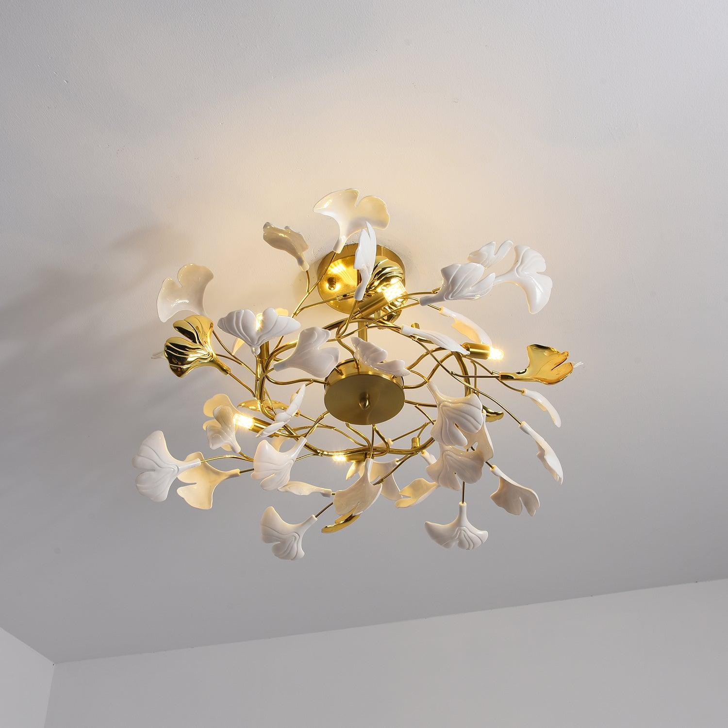 Large Modern Ginkgo Leaf Chandelier with Gold Finish and White Porcelain Ceramic Leaves
