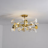 Large Modern Ginkgo Leaf Chandelier with Gold Finish and White Porcelain Ceramic Leaves