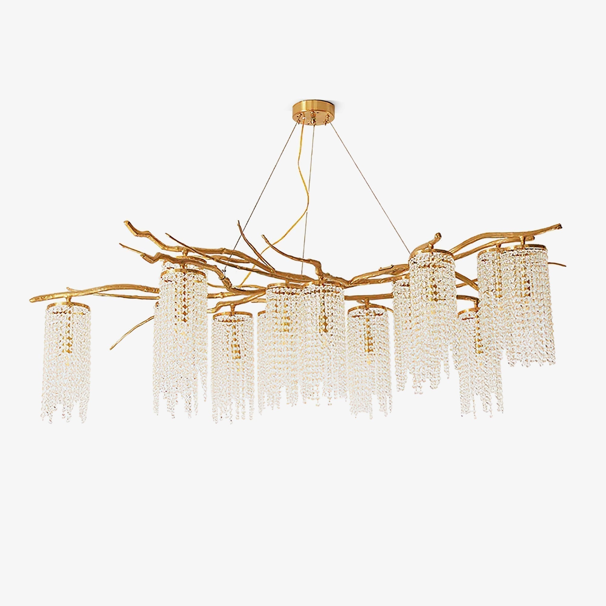 Large Nature Inspired Brass Branch Chandelier with Crystal Pendants for Modern Dining Rooms
