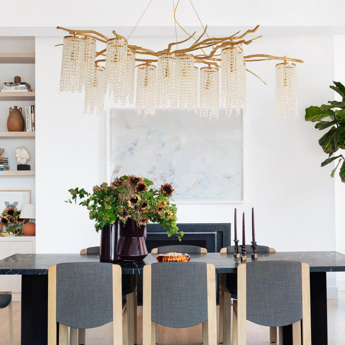 Large Nature Inspired Brass Branch Chandelier with Crystal Pendants for Modern Dining Rooms