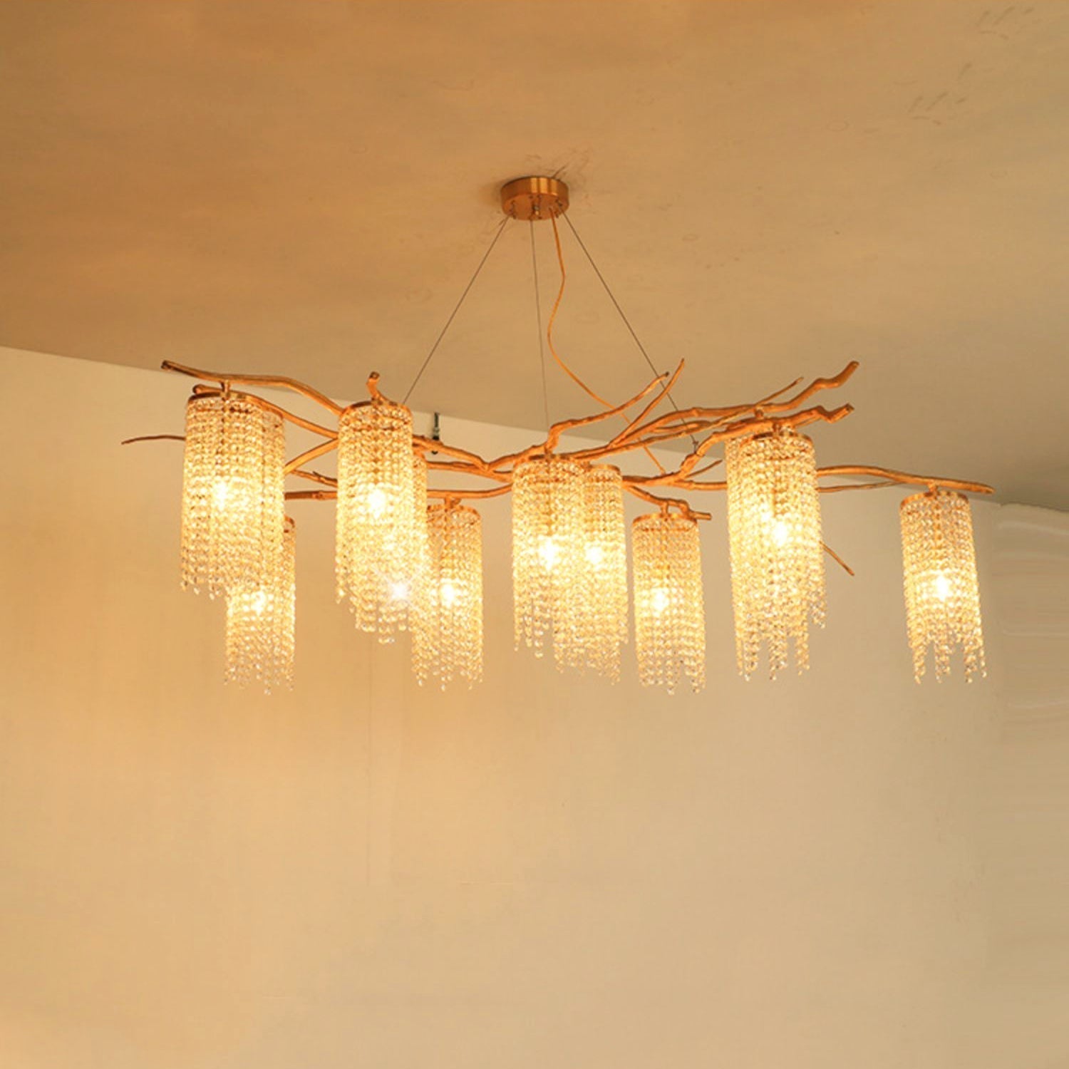 Large Nature Inspired Brass Branch Chandelier with Crystal Pendants for Modern Dining Rooms