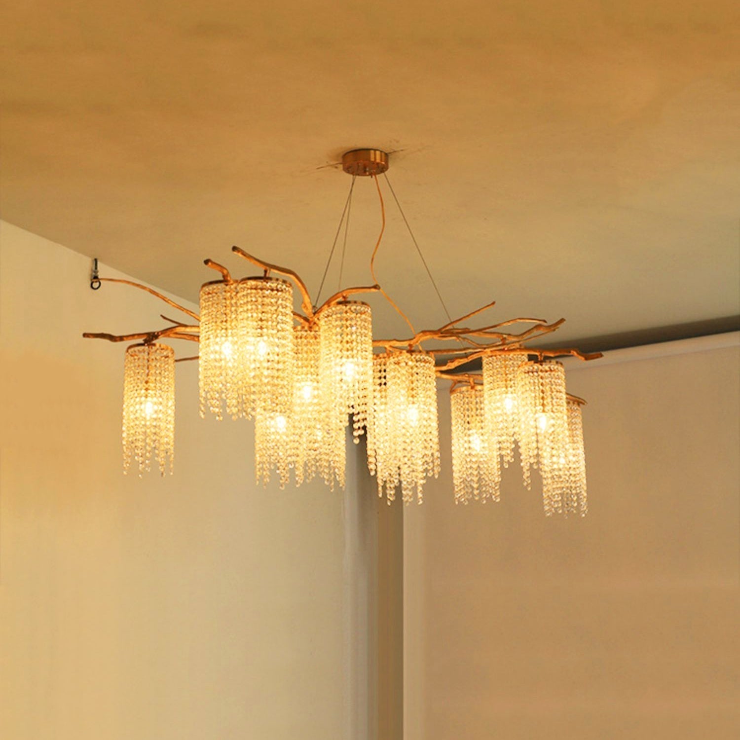 Large Nature Inspired Brass Branch Chandelier with Crystal Pendants for Modern Dining Rooms