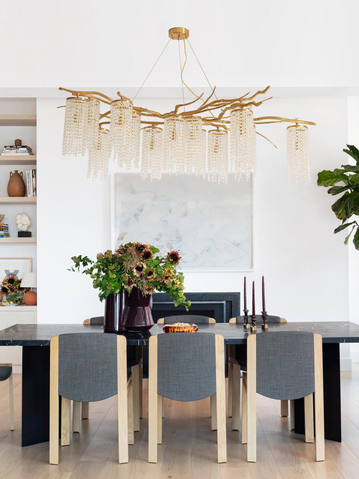 Large Nature Inspired Brass Branch Chandelier with Crystal Pendants for Modern Dining Rooms