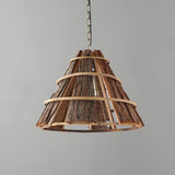 Large Rustic Farmhouse Wood Cone Pendant Light with Natural Bark Texture