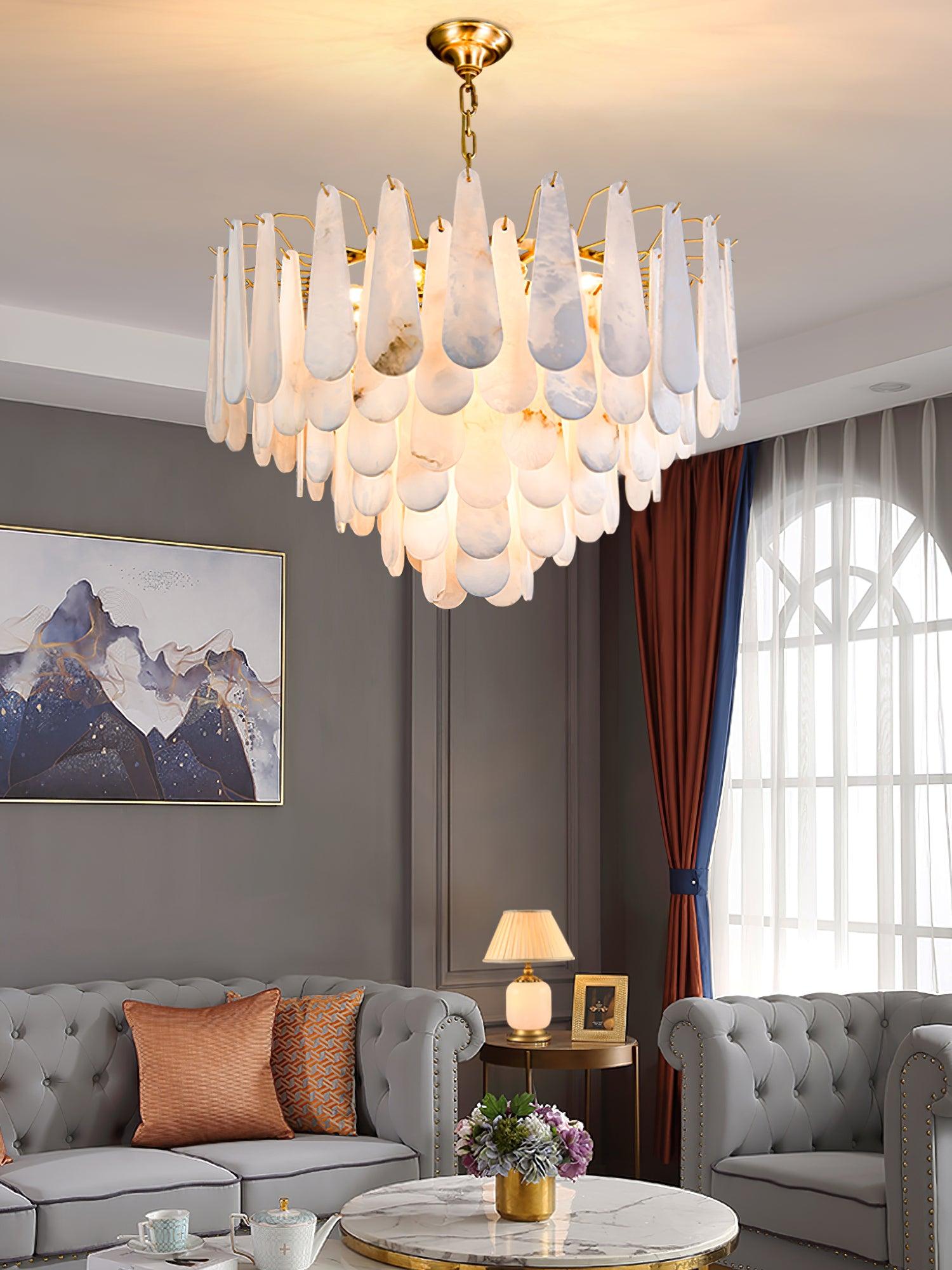 Leon Alabaster Crown Chandelier with Polished Brass Three Tier Design