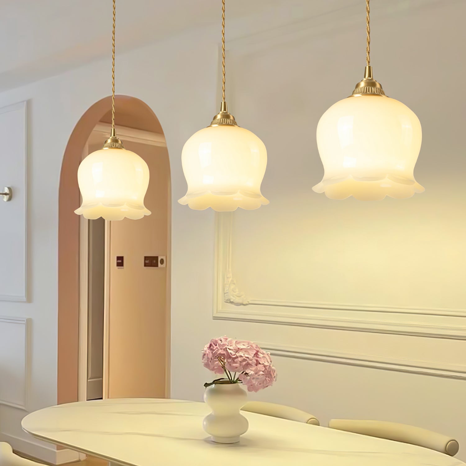 Lily of the Valley Flower Pendant Light with Brass Base and Resin Shade for Elegant Home Lighting