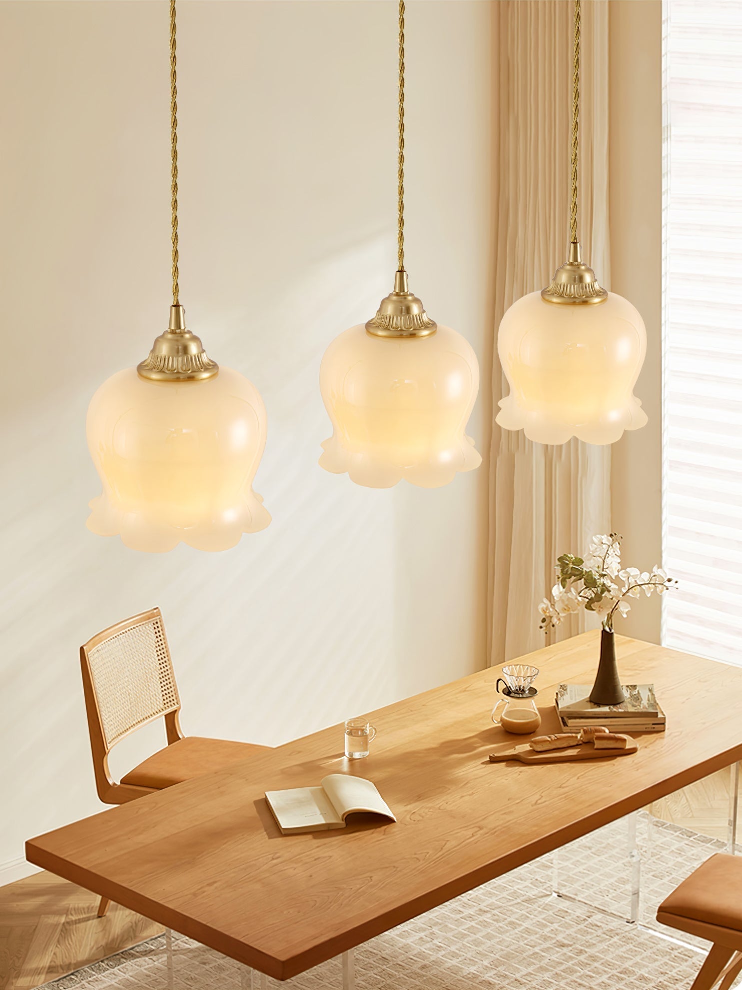 Lily of the Valley Flower Pendant Light with Brass Base and Resin Shade for Elegant Home Lighting