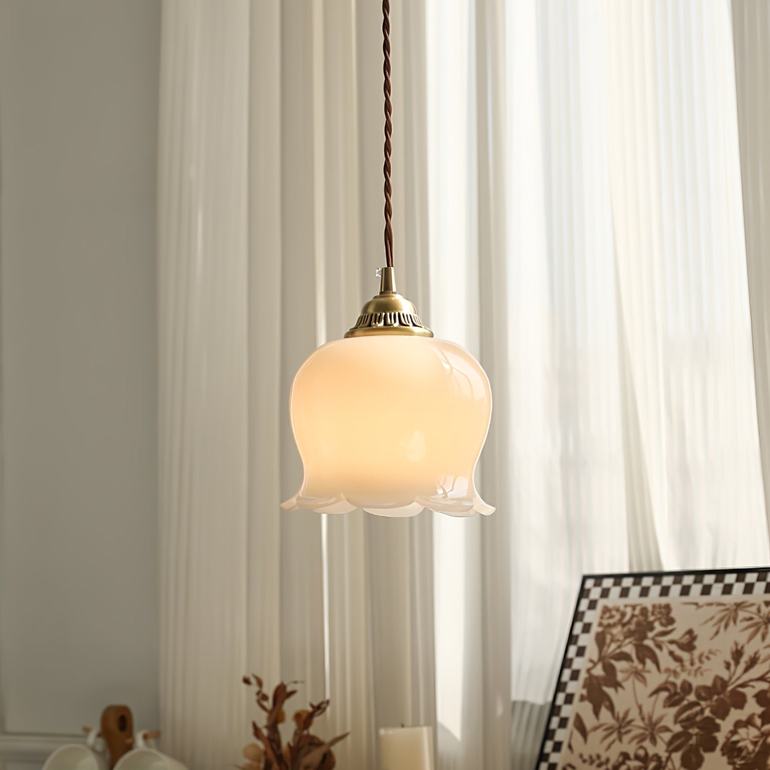 Lily of the Valley Flower Pendant Light with Brass Base and Resin Shade for Elegant Home Lighting