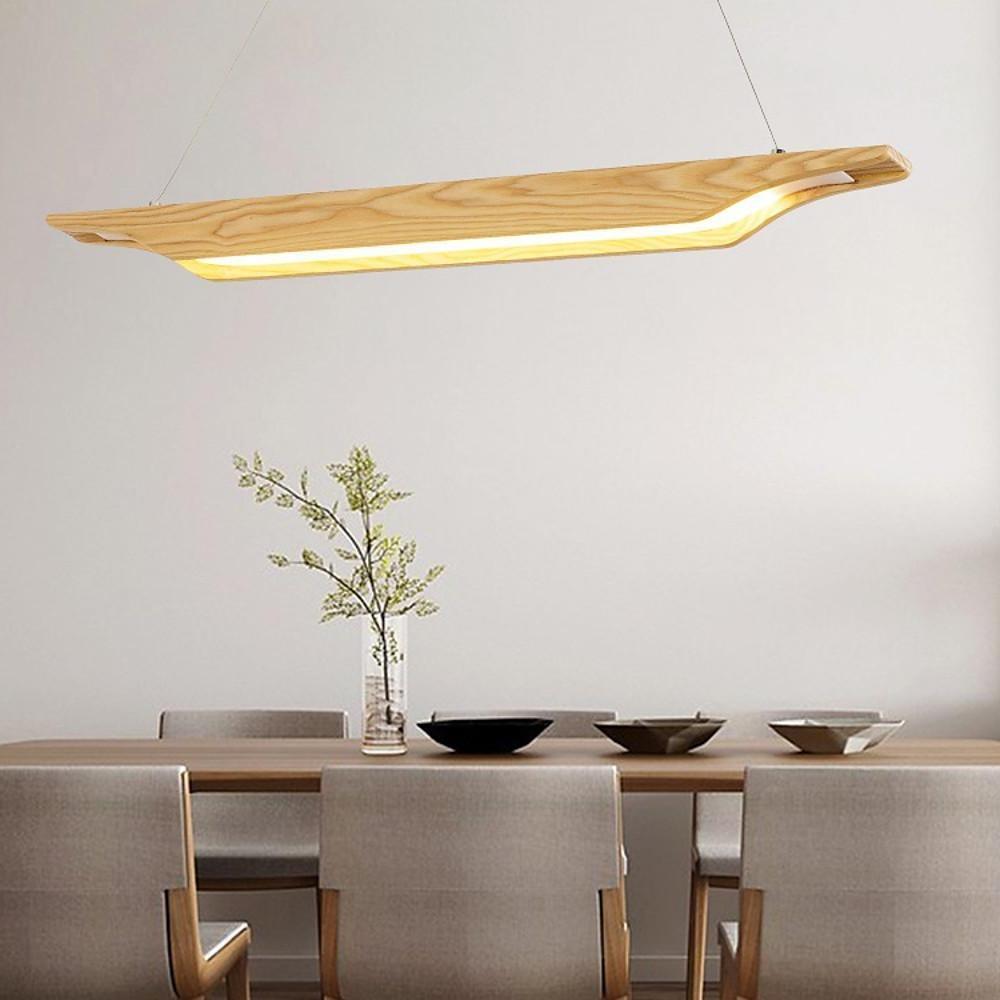 Linear Wood LED Pendant Light Modern Rustic Chandelier for Kitchen Island and Dining Room