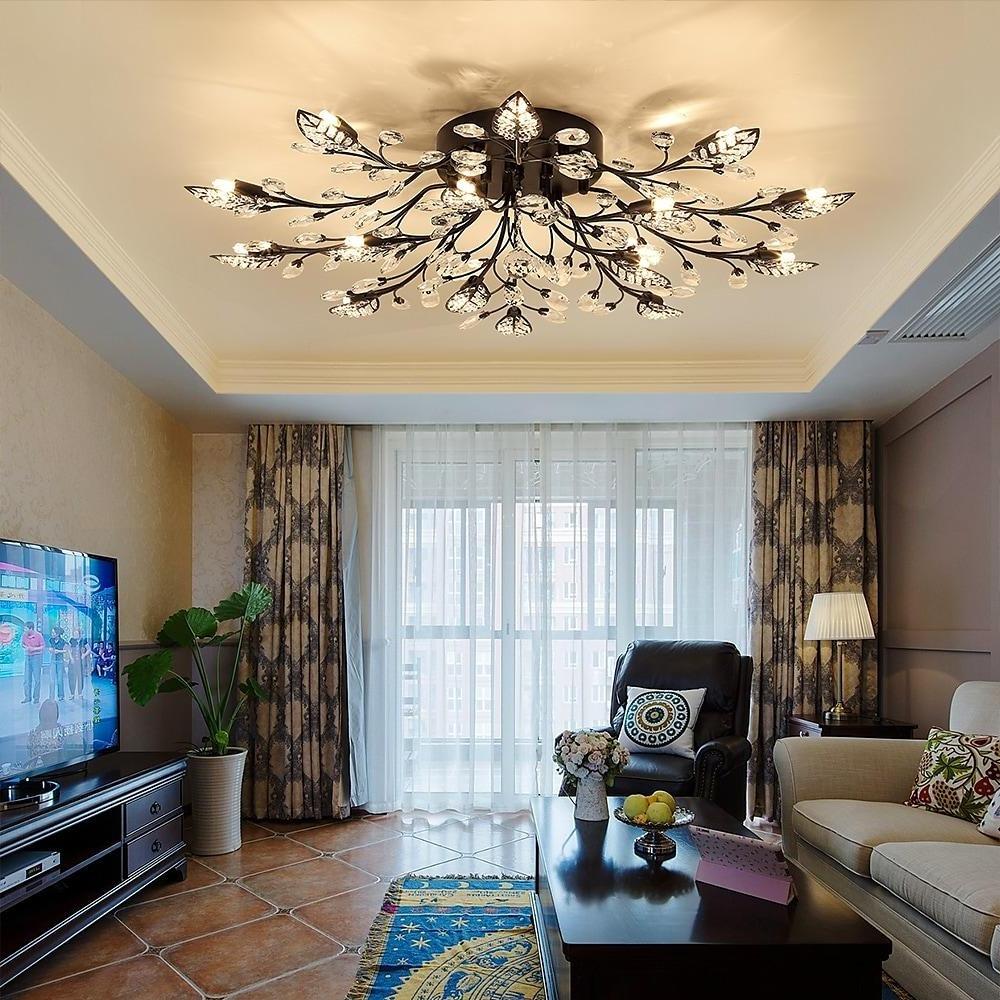 Vintage Crystal Leaf Flush Mount Ceiling Chandelier with Antique Brass Finish and Iron Glass Elements