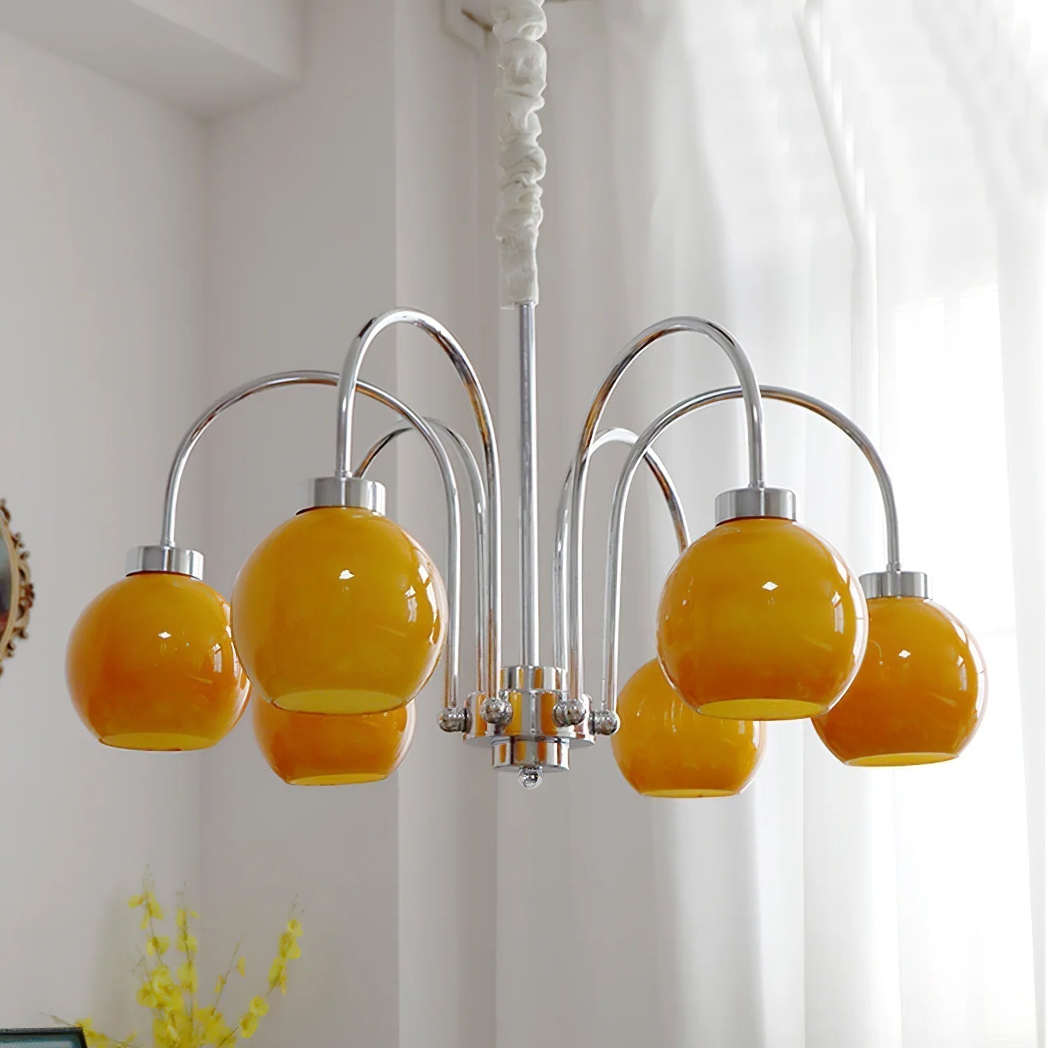 Loa Mid Century Modern Yellow Glass Globe Chandelier with Polished Chrome Finish