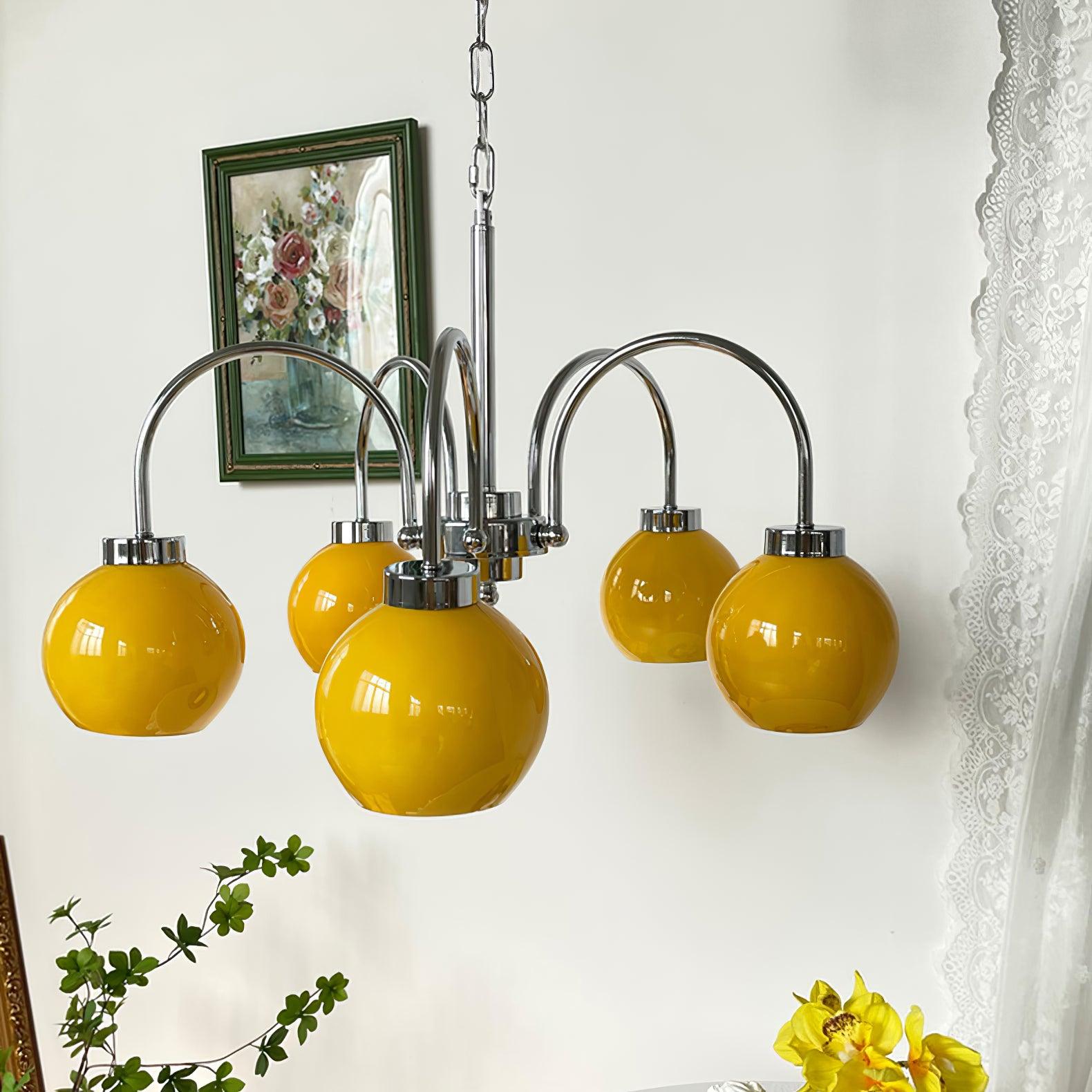 Loa Mid Century Modern Yellow Glass Globe Chandelier with Polished Chrome Finish