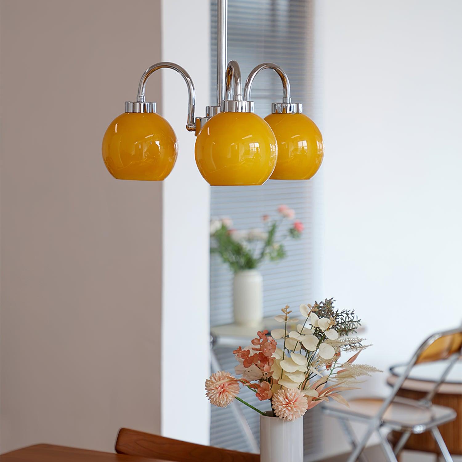 Loa Mid Century Modern Yellow Glass Globe Chandelier with Polished Chrome Finish